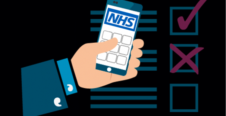mobile phone held in handvwith NHS Logo, and checklist behind