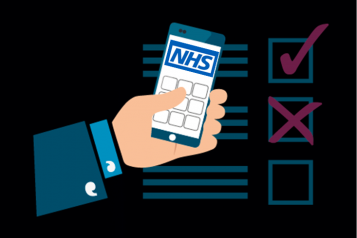 mobile phone held in handvwith NHS Logo, and checklist behind